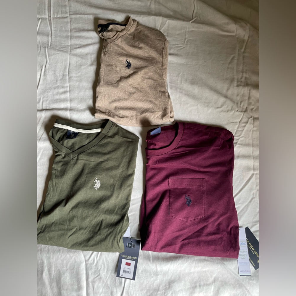3 polo shortsleeved shirts,green size small,red size medium and beige size large